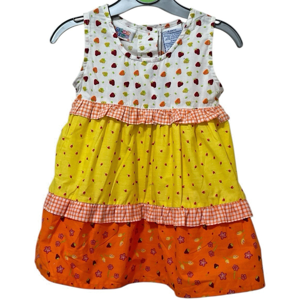 Vtg Sundress Daisy Orange Blossom Strawberry Tiered Bright Summer 18mo Ruffle